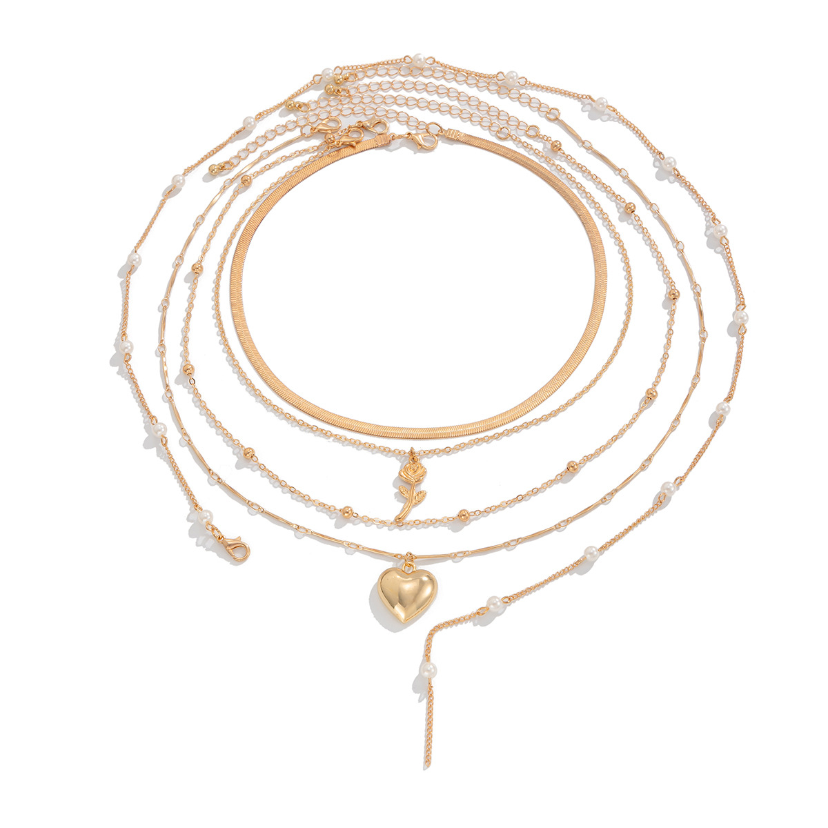 European and American cross-border simple rose heart pendant necklace, sweet and cool style imitation pearl tassel snake bone chain necklace Item Picture