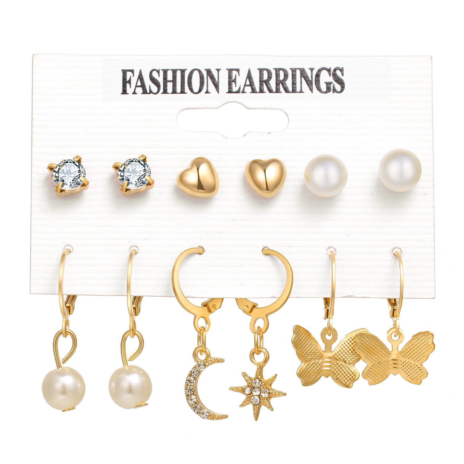 A 6-piece set of cross-border earrings from Europe and America, a creative, simple and retro heart-shaped star chain stud set from the Korean jewelry world Item Picture