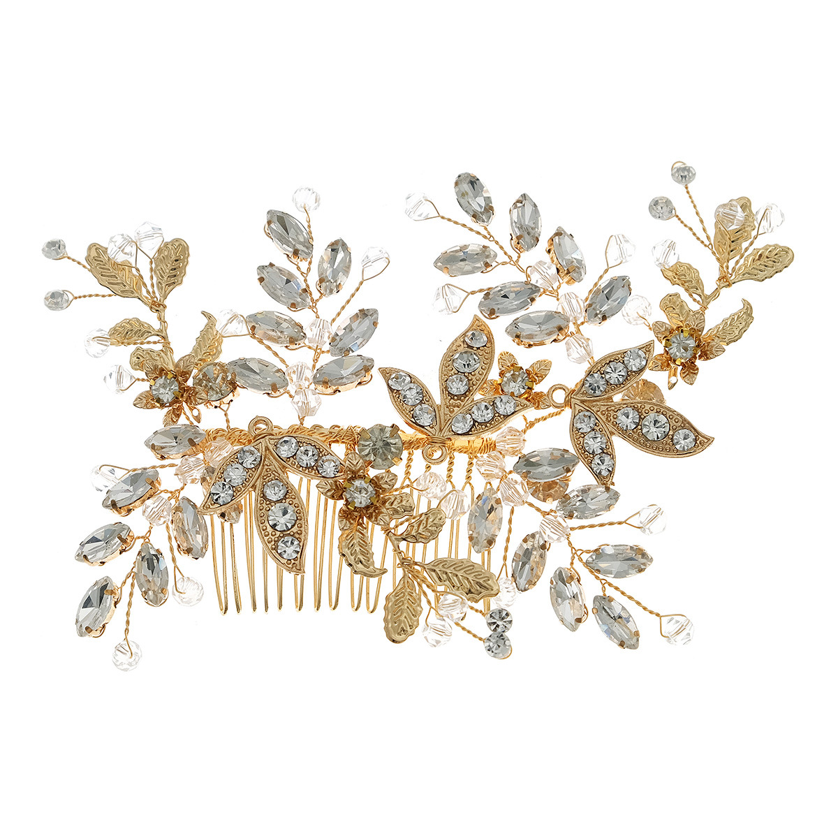 New Chinese-style ancient-style alloy hair accessory, bride's hair comb, wedding coil, headwear, high-end feel, golden handcrafted water diamond insert comb Item Picture