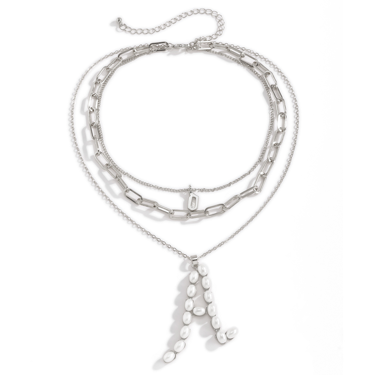 Geometric letter-encrusted pearl multi-layer necklace, hip-hop trendsetter fine chain necklace, European and American cross-border snow soft accessories Item Picture