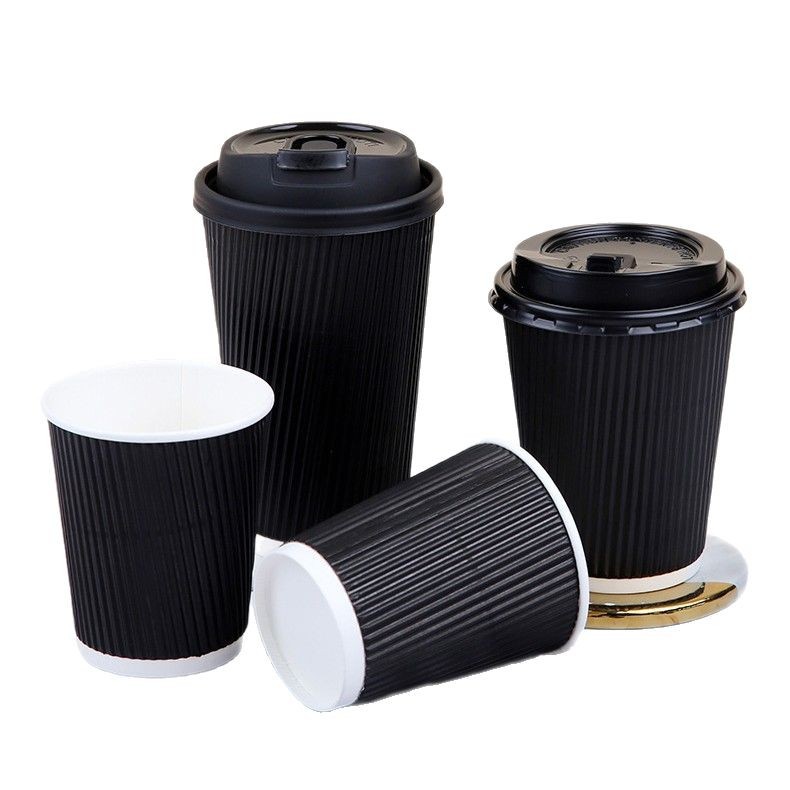 Heat-insulating and anti-scald coffee cups, disposable black slanted vertical cups with LIDS, commercial and household takeout packaging wholesale corrugated cups Item Picture