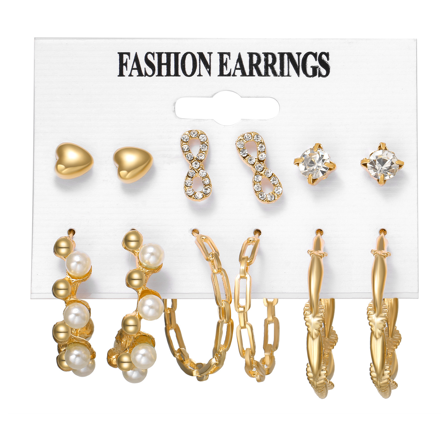 Wholesale of 6-piece cross-border earrings from Europe and America, including pearl, diamond and gold earrings and butterfly earrings Item Picture