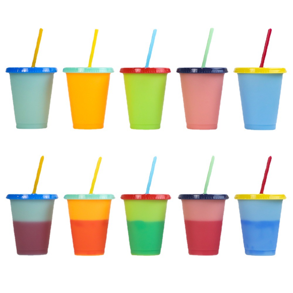 Factory direct supply 16oz single-layer plastic color-changing cup fruit tea cold drink, temperature-sensitive color-changing straw cup in stock Item Picture