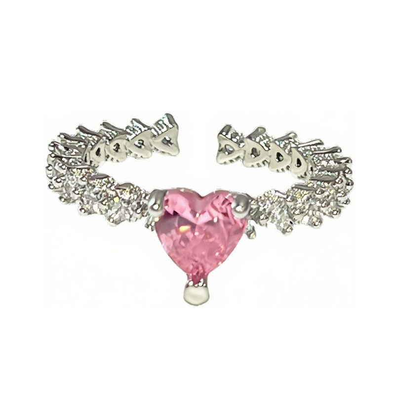 A new and elegant sweet mousse pink diamond bow heart ring, a light luxury and elegant ladylike style, a fashionable and unique index finger ring Item Picture