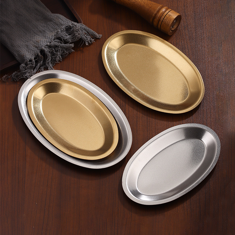 Korean-style stainless steel snow pattern oval plate, golden egg-shaped plate, household fish plate, rice noodle plate, thickened snack fried chicken plate full figure