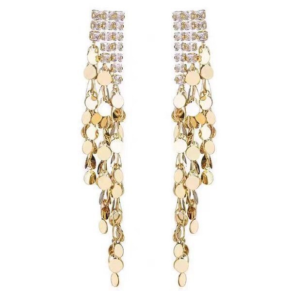 Long tassel gold sequined zircon stud earrings for women 2025 new bestseller, light luxury and high-end style earrings, exaggerated earrings Item Picture