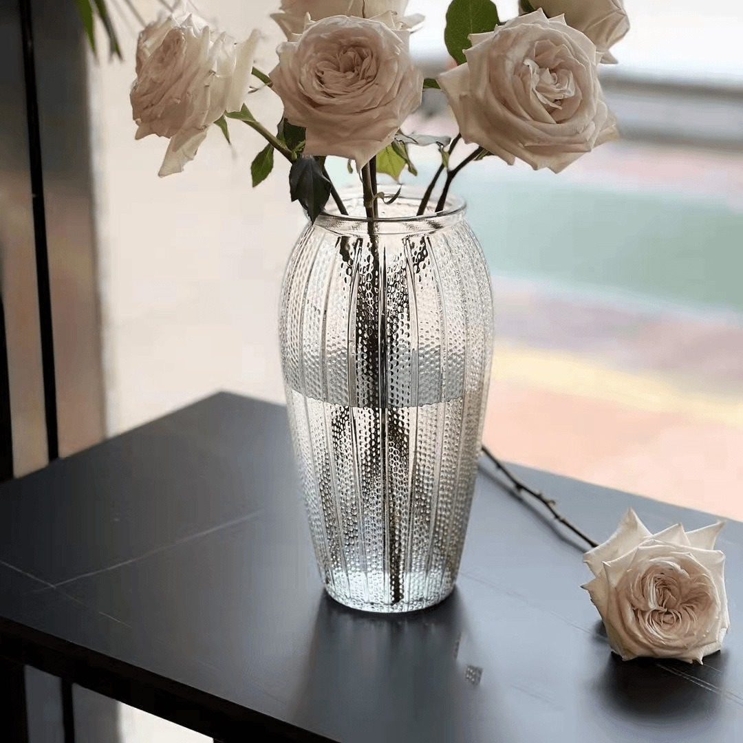 Nordic glacier patterned glass Ins-style vase, living room decoration, fresh dried flower arrangement, hydroponic transparent flower vase details Picture