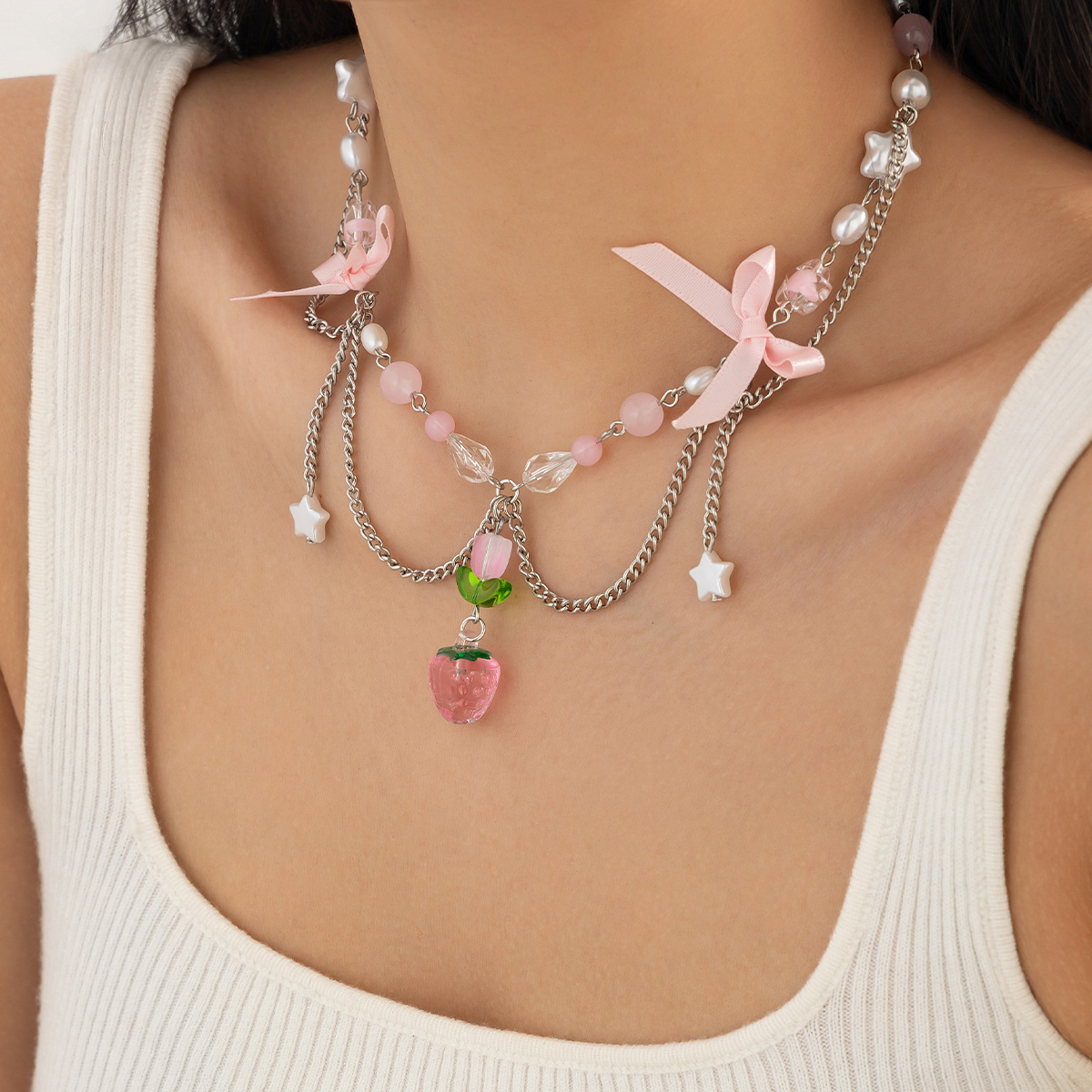 European and American cross-border jewelry sweet style strawberry pearl pendant Necklace fresh and simple bow webbing Necklace Specification drawing