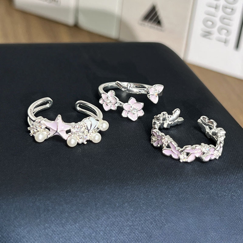 ins minimalist design starfish pearl open ring for women, pink flower butterfly sweet and unique niche ring Application Scenario