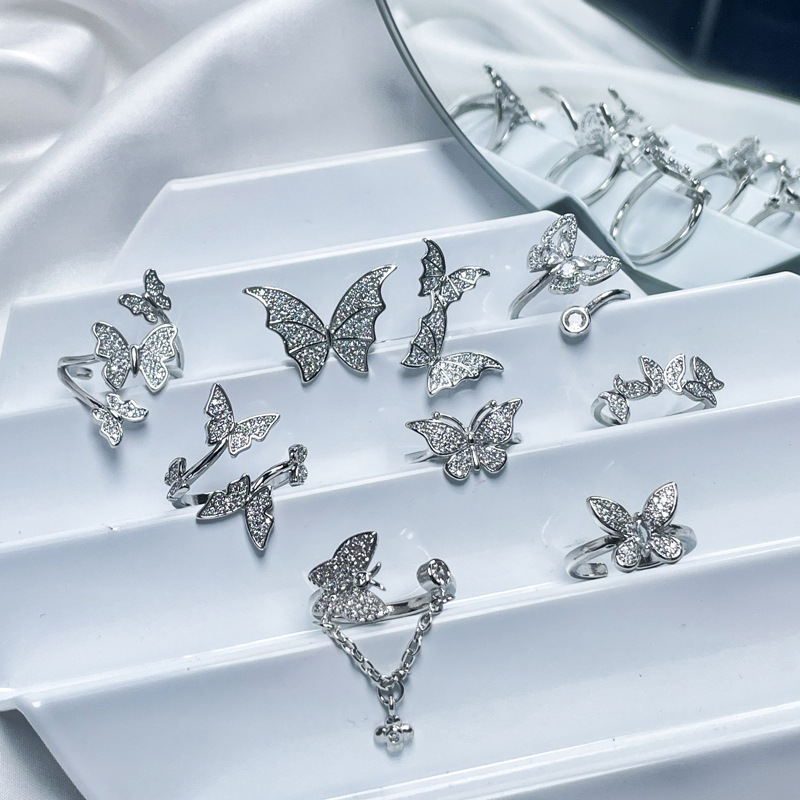 French high-end diamond-encrusted butterfly opening ring for women, a light luxury and niche design, exquisite and elegant, versatile and multi-layered ring full figure