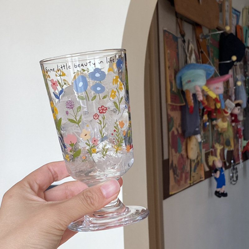 Retro French romantic tall glass, spring flower glass cup, dessert cup, niche and simple milk cup, heat-resistant full figure