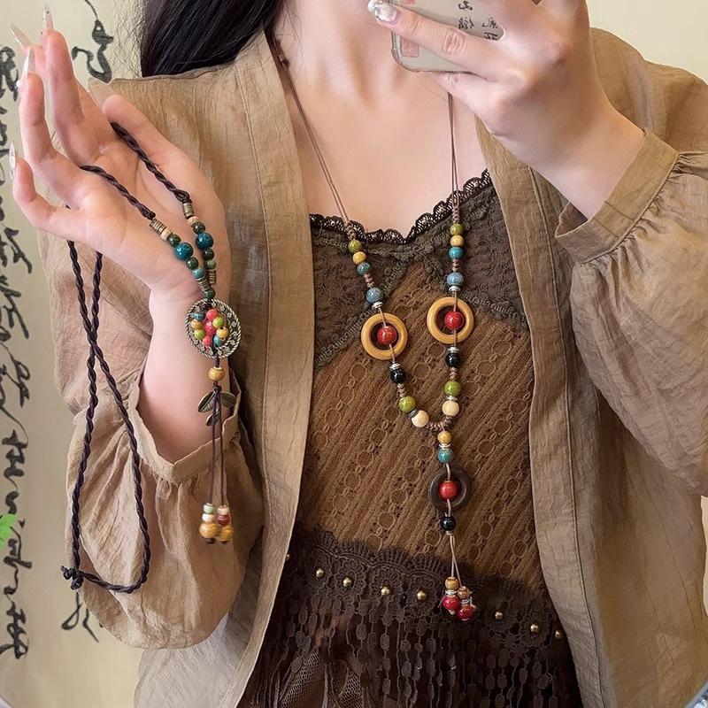 Retro Bohemian-style ceramic braided rope necklace for women, new Chinese ethnic style, niche and Zen-inspired sweater chain Specification drawing