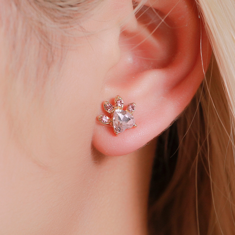 Korean fashion set, cute cartoon cat paw necklace, stud earrings, four-piece set, cat footprint zircon ring, bracelet for women details Picture