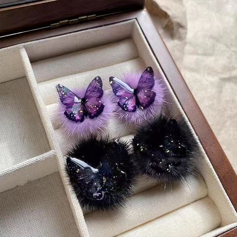 Elf Earrings ~ New cute plush colorful butterfly stud earrings for autumn and winter, a high-end, niche design for women on Instagram Application Scenario
