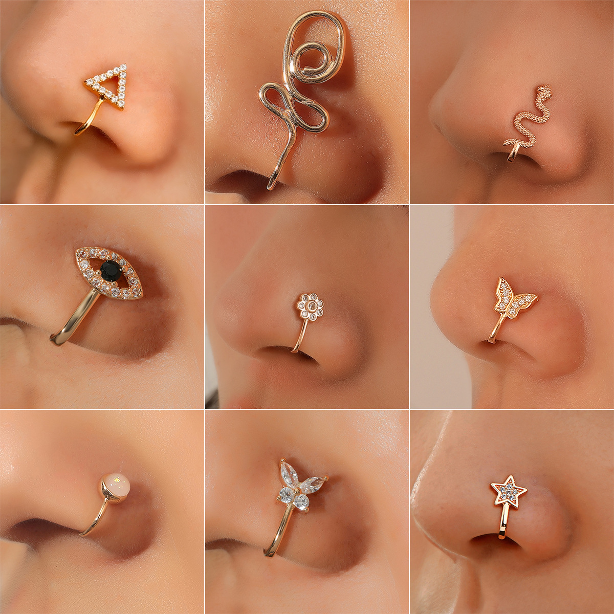Cross-border European and American non-perforated U-shaped nose clip puncture accessories, fashionable and creative butterfly flower snake-shaped nose ring artificial nose ornaments full figure