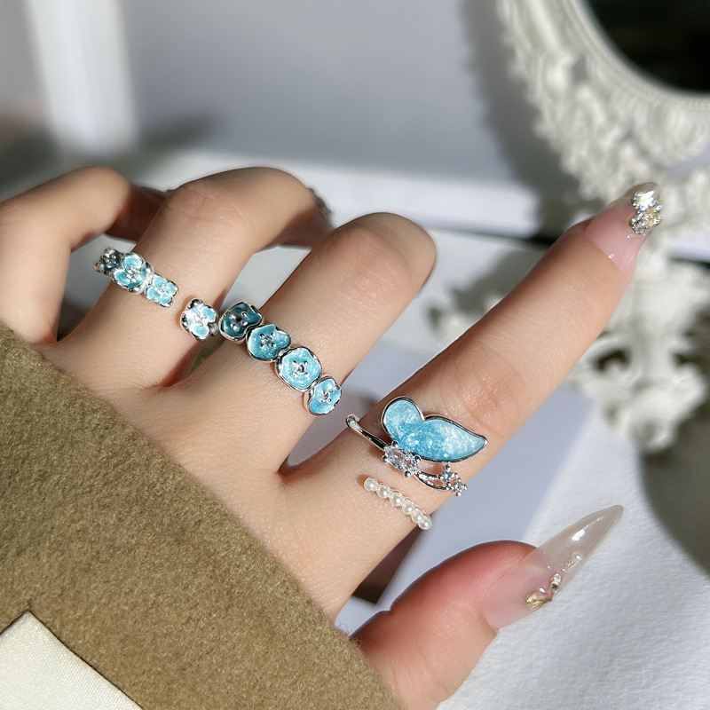 Elegant and sweet open ring for women, blue flower butterfly, high appearance level, best-selling best friend ring, elegant and niche accessory details Picture