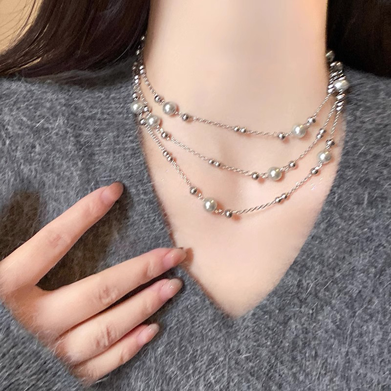 Grey pearl multi-layer long necklace for women, 2025 new style, fashionable, light luxury and niche design, seaside atmosphere accessory details Picture