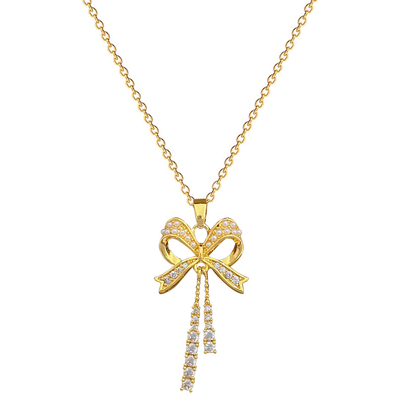 【 Titanium Steel 】 Necklace and earring set, light luxury full diamond bow tassels, personalized and elegant banquet earrings and necklaces Item Picture