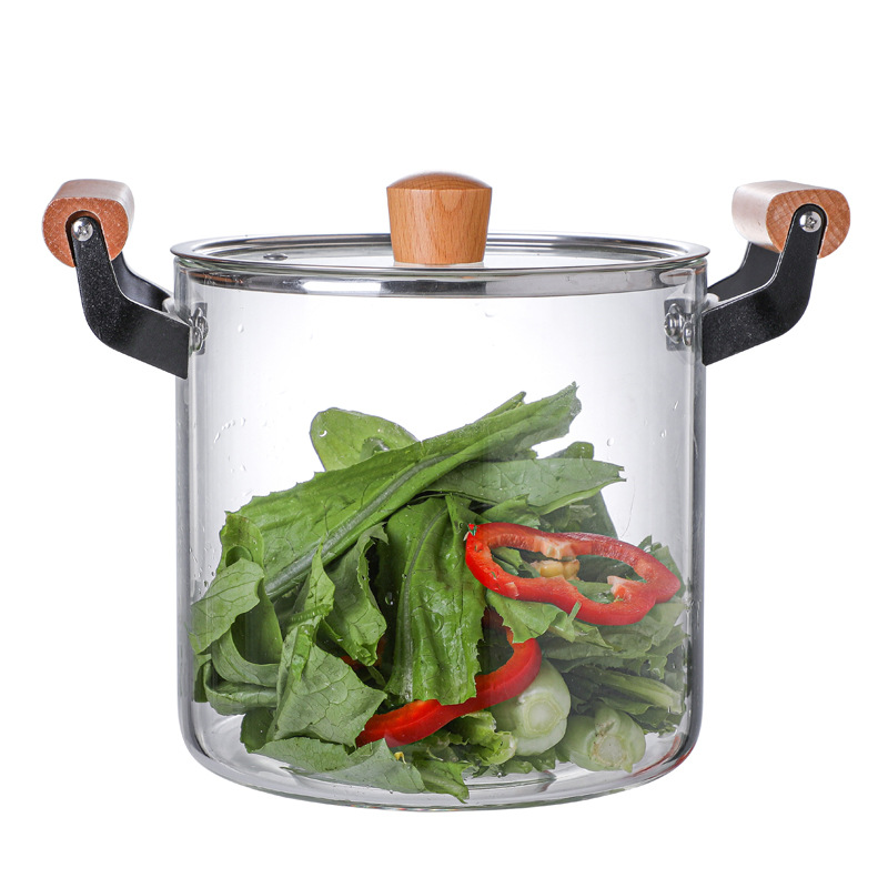 Wholesale high borosilicate double-ear glass pot, high-temperature resistant transparent pot lid, wooden handle, soup stewing pot, steaming pot, can be heated by open flame Item Picture