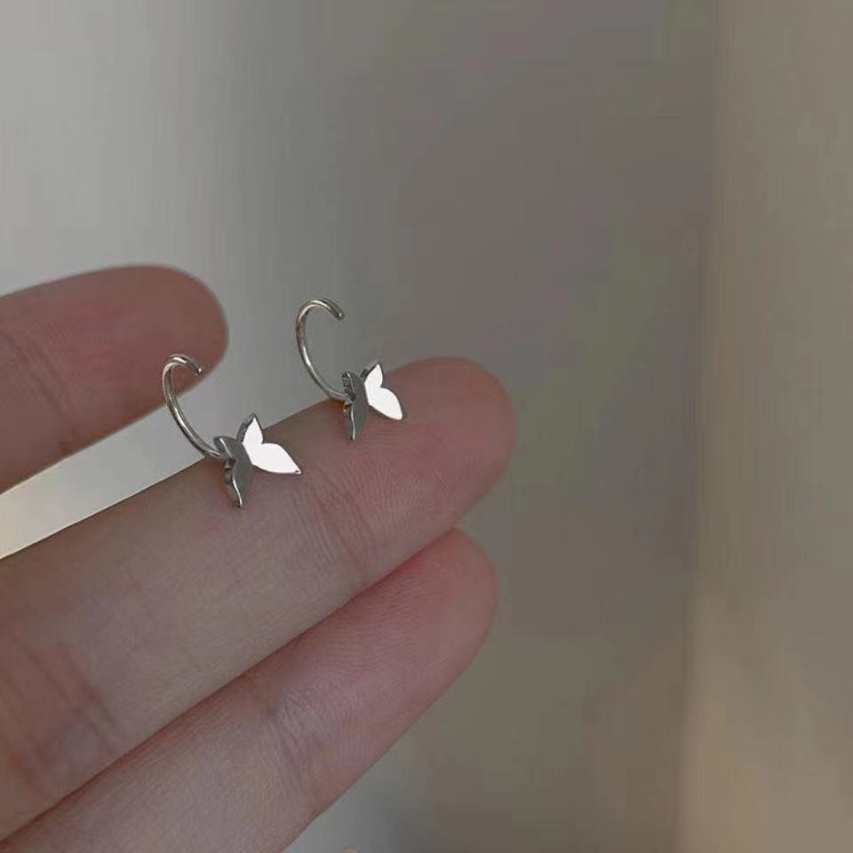 C-shaped silver butterfly earrings for women, 2025 new trendy ear hooks, Korean-style stud earrings, design sense accessories Specification drawing