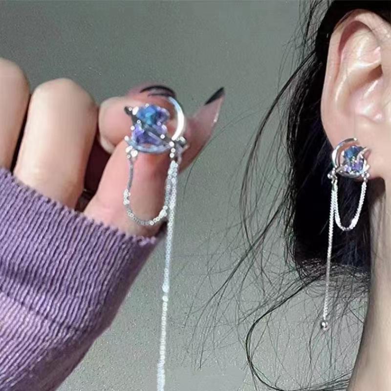 Super fairy-like, versatile and elegant tassel earrings for women, light luxury, niche fashion and high-end feel, purple zircon stud earrings, sweet and cool style earrings full figure
