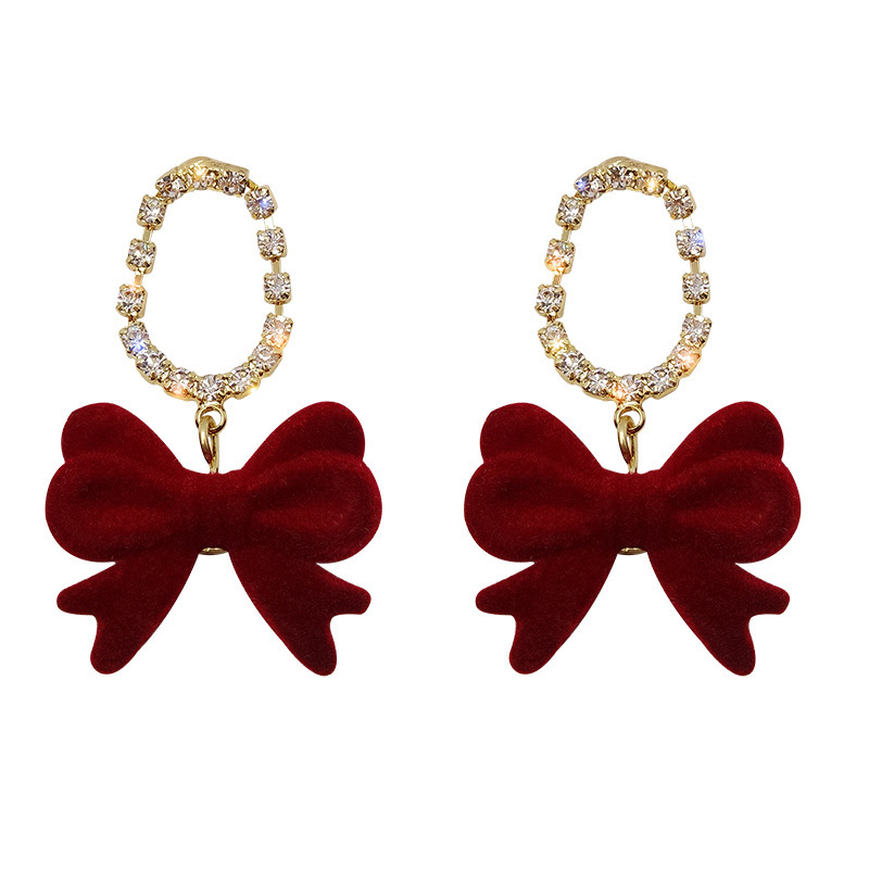 Autumn and winter flocked bow red earrings for women, a new style in 2025, suitable for the Spring Festival earrings, elegant New Year earrings Item Picture