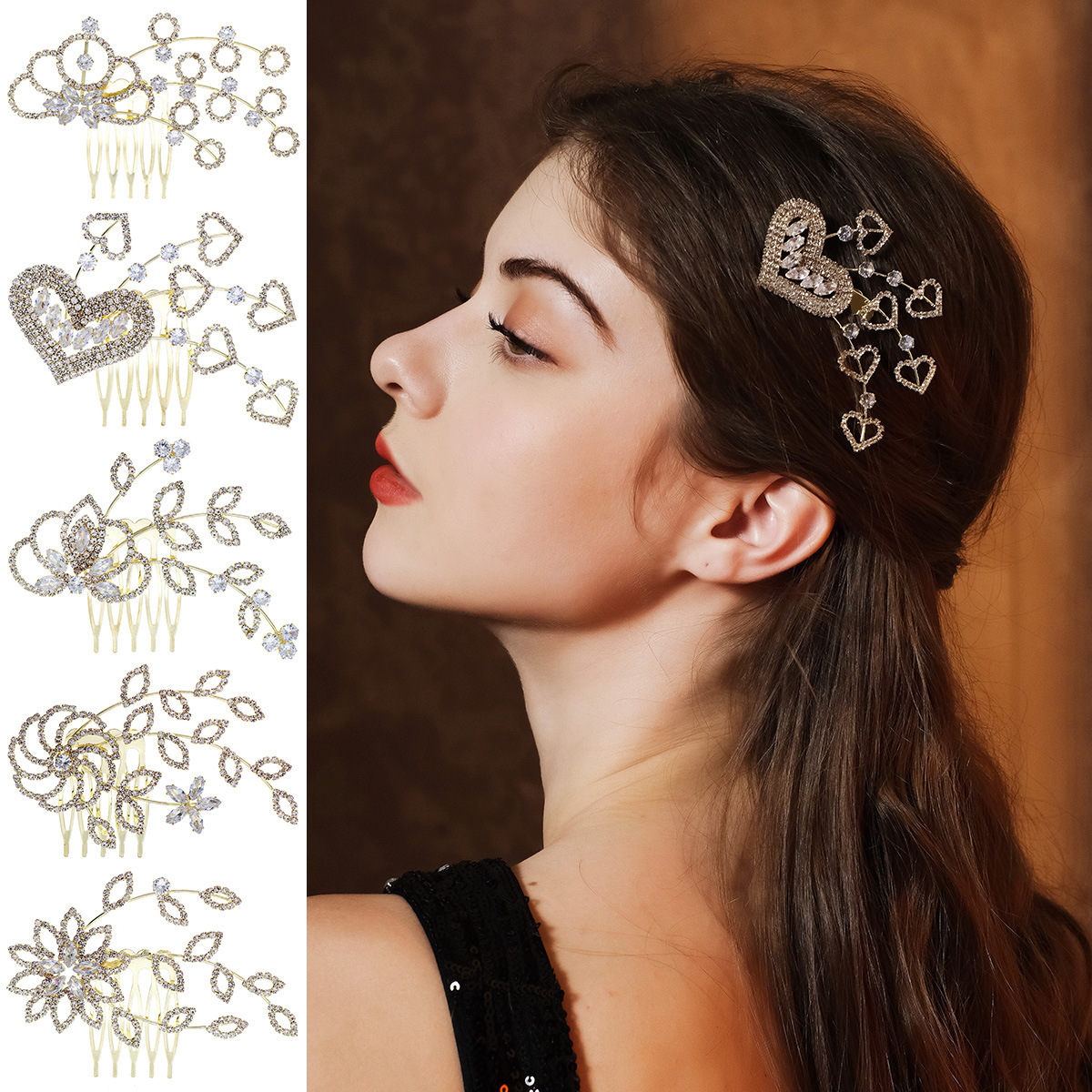 European and American design sense hair accessories, full diamond flower heart-shaped comb, retro bride's updo, alloy zircon five-toothed comb details Picture