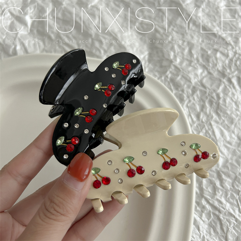 emijay's same cherry pie hair clip for the back of the head, sweet and cute cherry diamond-encruted acetic acid hair accessory details Picture