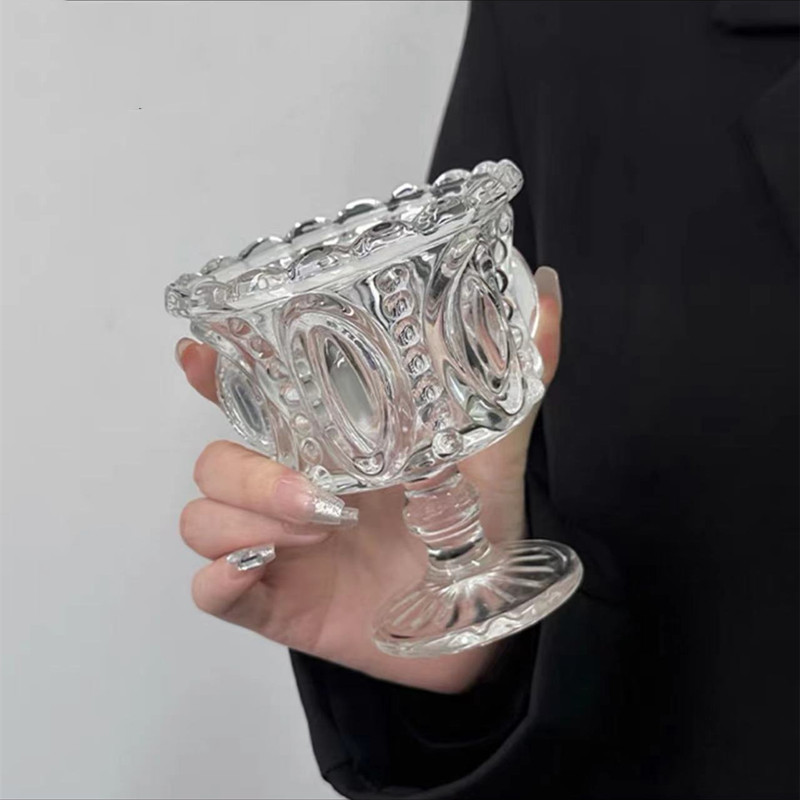 Popular high-footed mousse ice cream cup, embossed dessert bowl, ins yogurt pudding ice cream glass cup Specification drawing