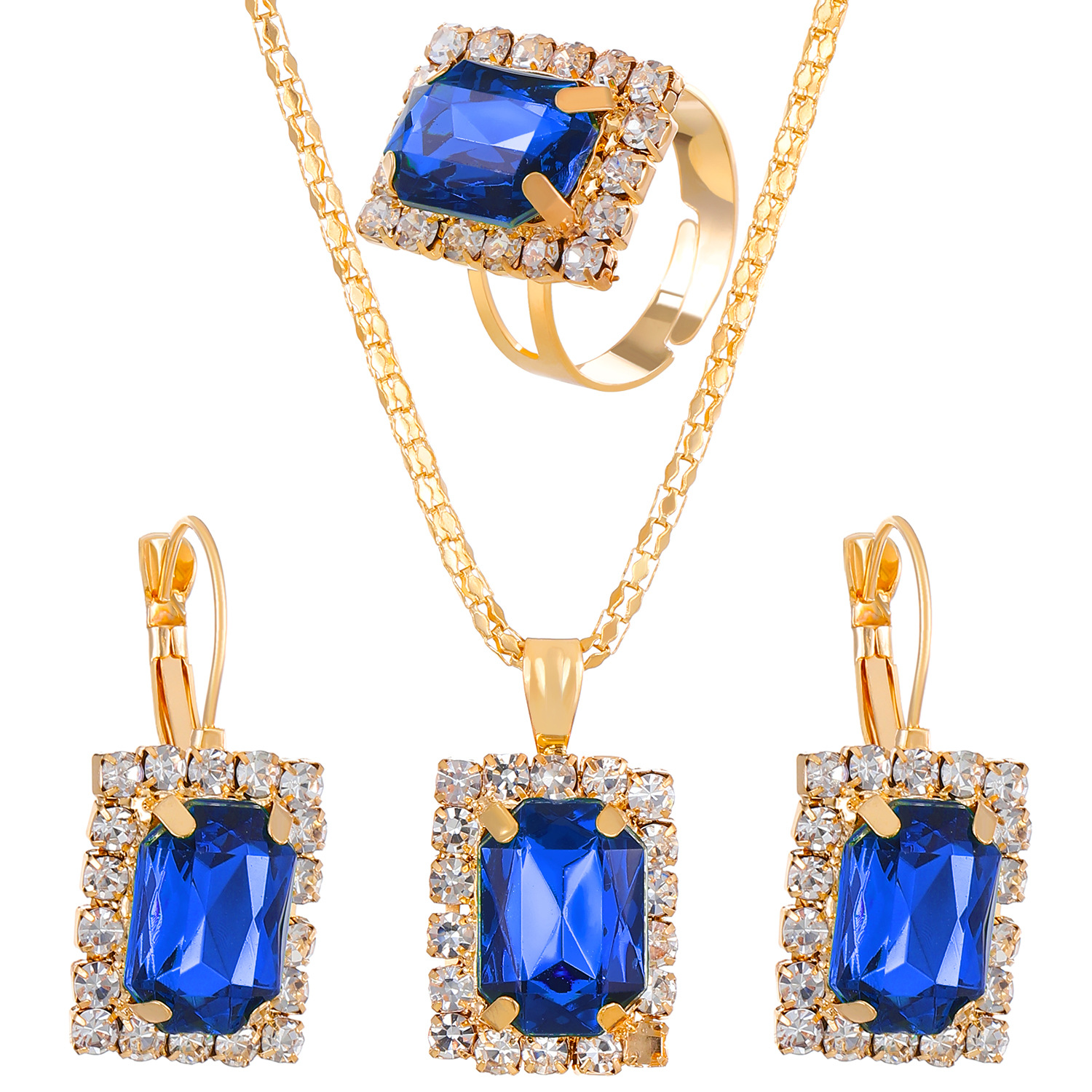 New cross-border diamond-encrusted square jewelry set, Ins-style retro court-style bride necklace, earrings and ring set Item Picture