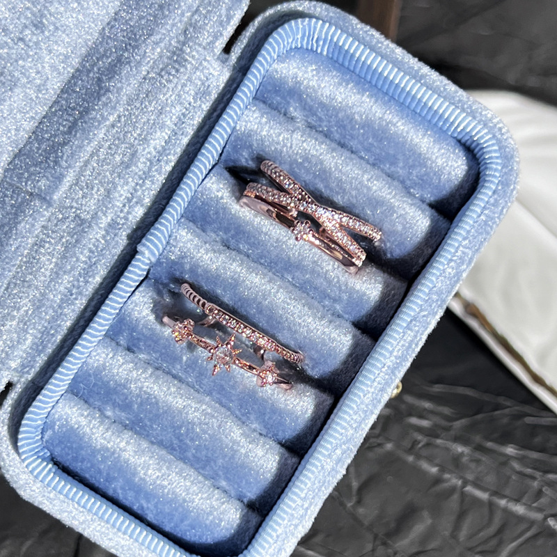 A Japanese-style light luxury star-studded diamond-encrusted open-top ring, a unique and trendy rose gold line double-layer index finger ring details Picture