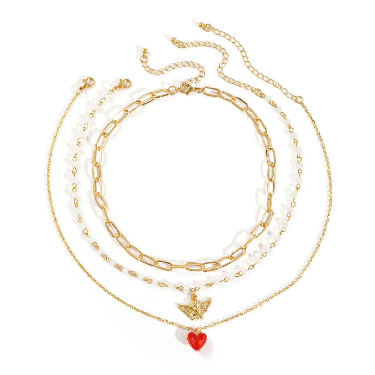 European and American layered style retro little angel pendant, versatile collarbone chain, elegant and fashionable imitation crystal heart-shaped necklace for women Item Picture