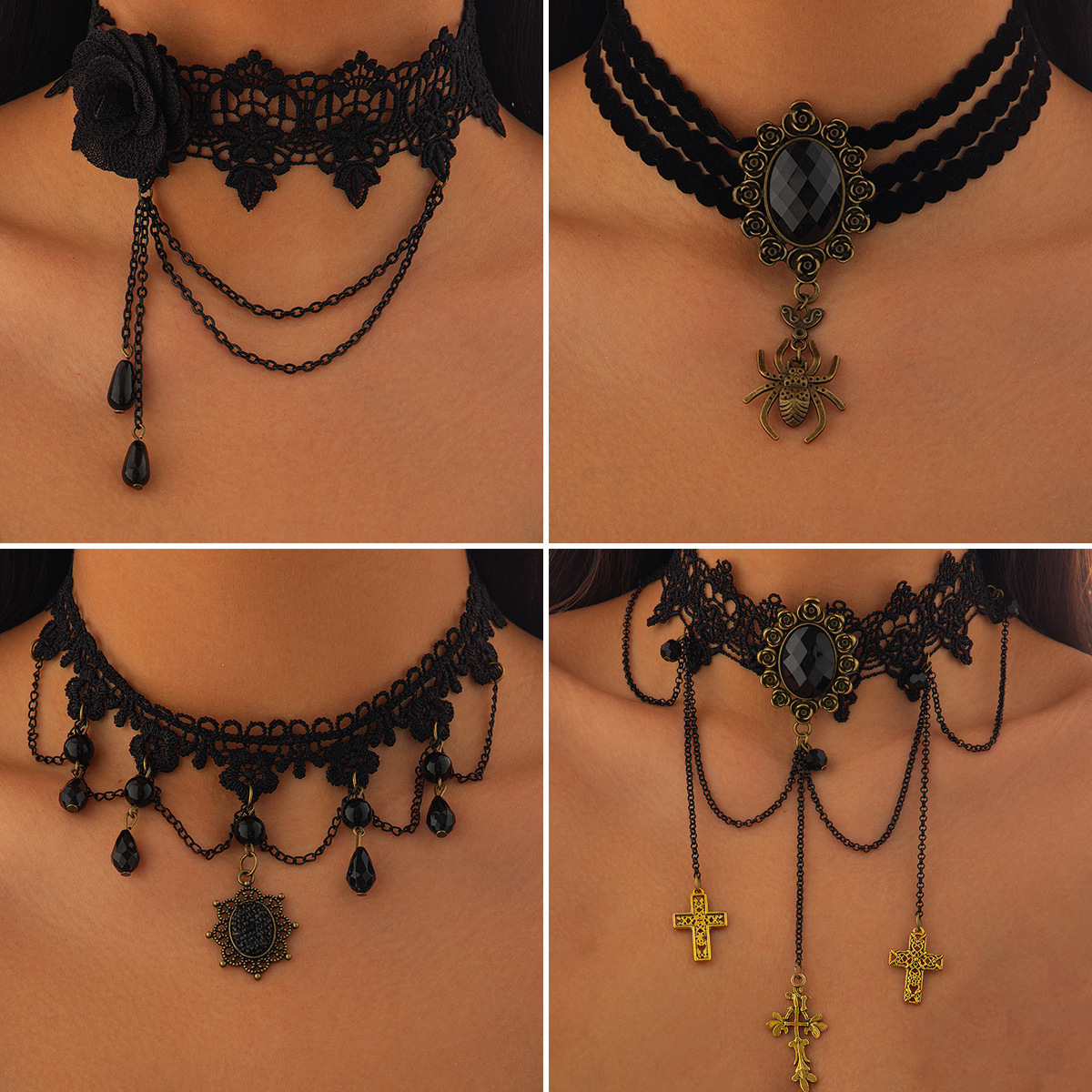 European and American cross-border accessories Pumpkin Festival Spider web lace necklace Halloween Hot girl teardrop-shaped crystal collarbone chain full figure