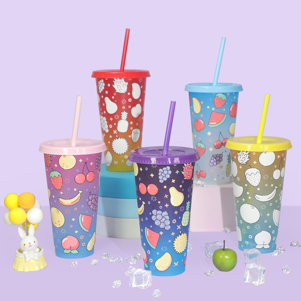 Cross-border stock large-capacity fruit color-changing plastic cups, multi-style five-piece sets, color box color-changing cups factory full figure
