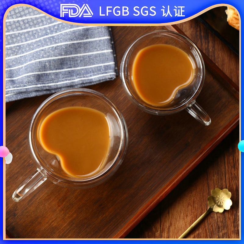 High-temperature resistant cups as souvenirs, high-appearance-level coffee cups, couple creative heart-shaped double-layered glass cups with handles full figure