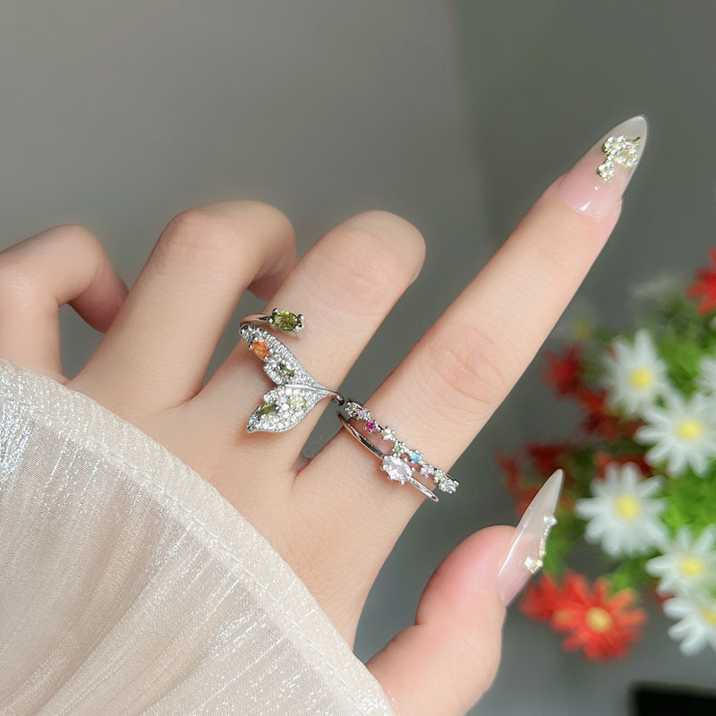 Wholesale light luxury, fashionable and high-end color diamond fishtail opening ring, women's personality, versatile and exquisite design index finger ring full figure