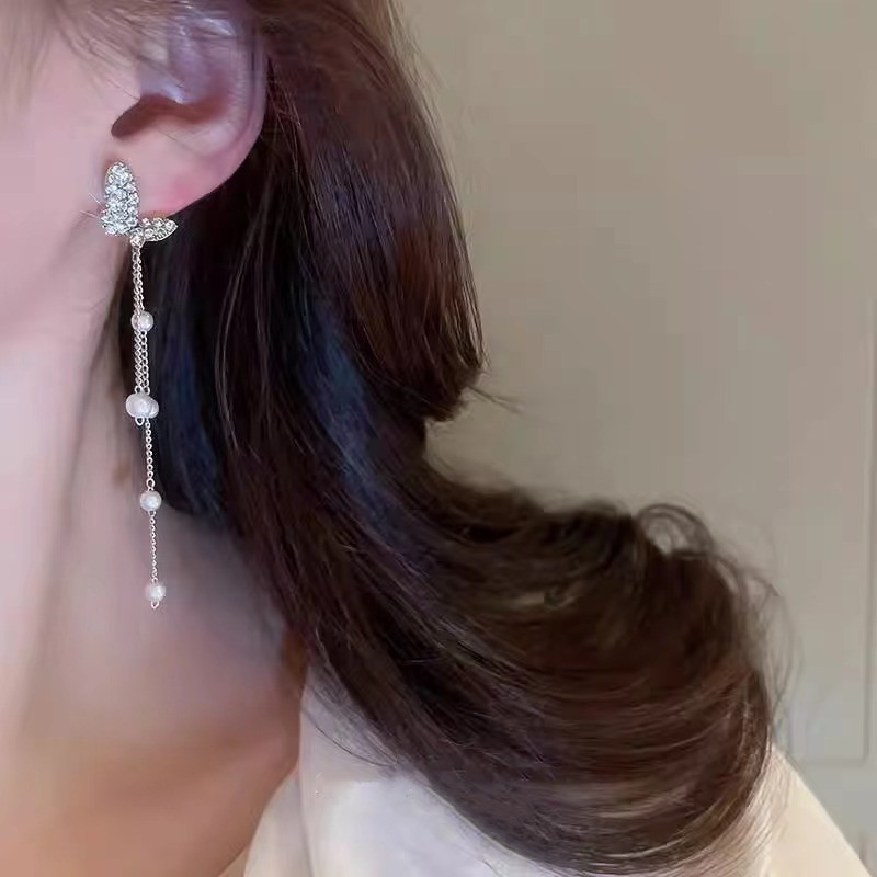 One pair, dual wear ~ Light luxury, high-end, niche butterfly tassel stud earrings for women, ins, niche, versatile, fashionable, simple, long ear style details Picture