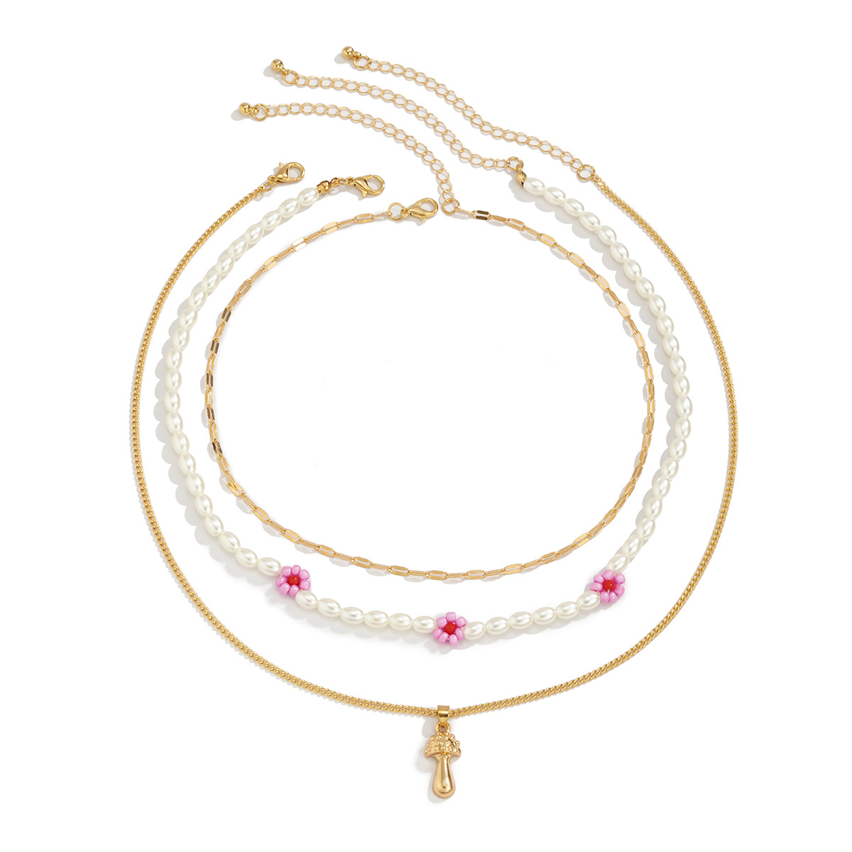 Creative alloy small mushroom pendant set necklace, retro and fashionable imitation pearl flower necklace, European and American cross-border jewelry Item Picture