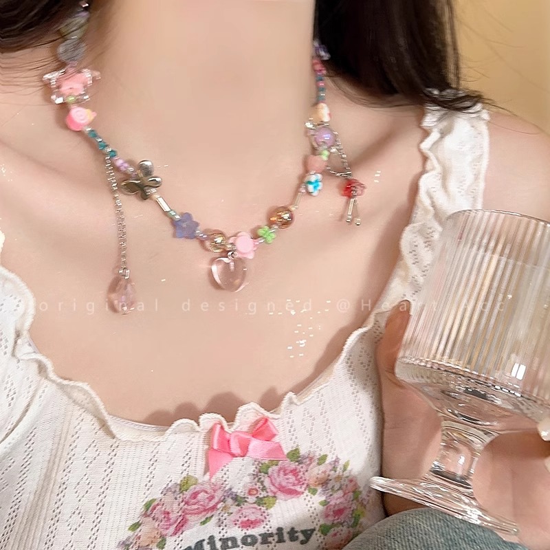 Peach pink summer dopamine heart-shaped candy necklace, a niche design for women, sweet and cool, hot girl collarbone chain, neck chain Specification drawing