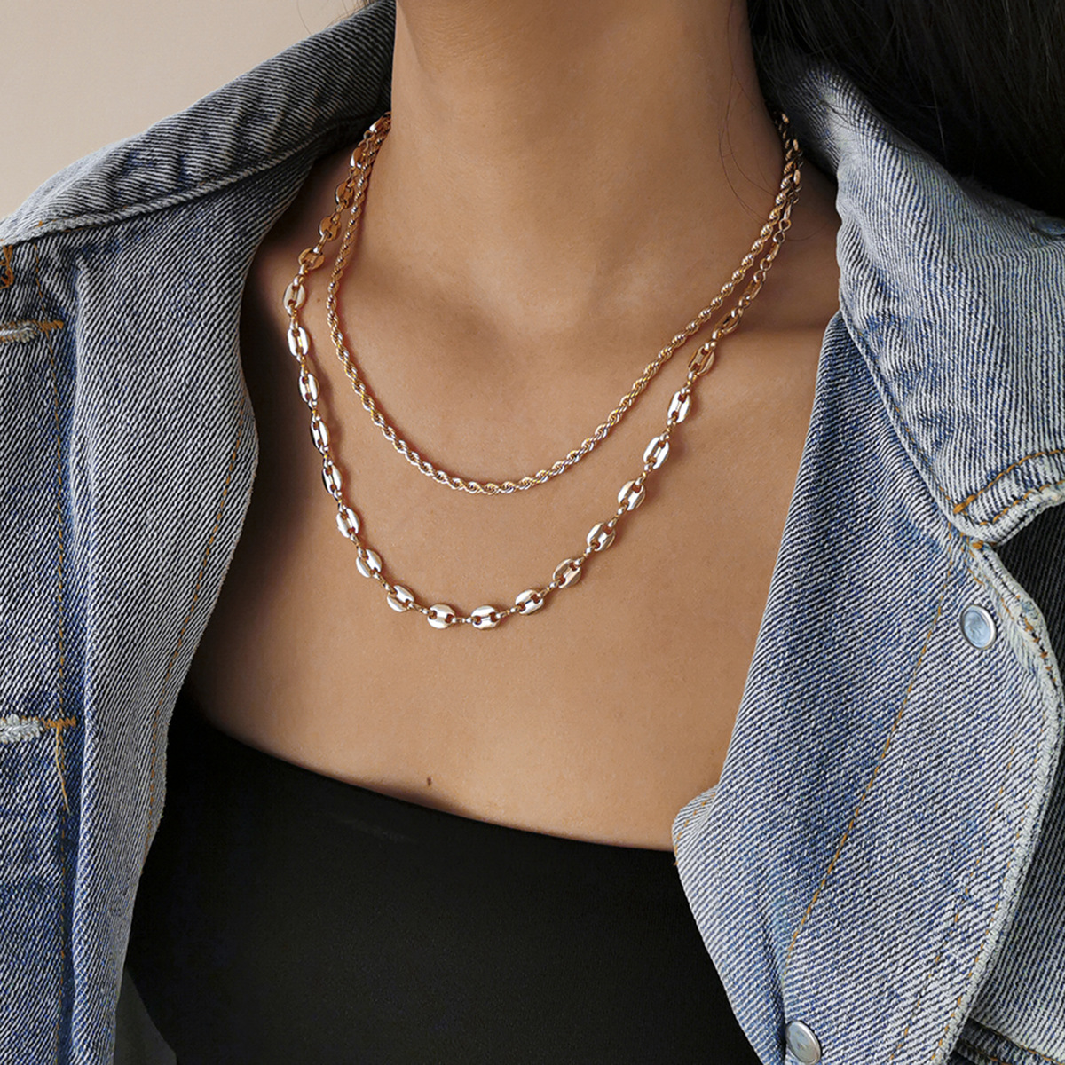 European and American cross-border jewelry, simple and retro multi-layer tassel necklace, versatile for women's charm, two-piece set of twisted chain necklace details Picture