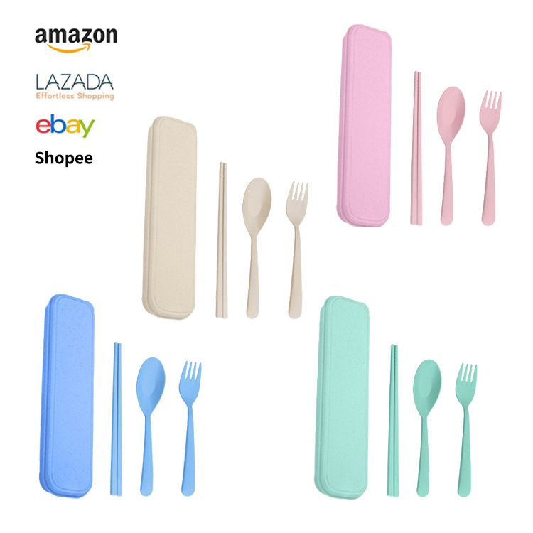 Three-piece set of cross-border Amazon wheat straw spoons, chopsticks and forks for students, portable tableware gifts full figure