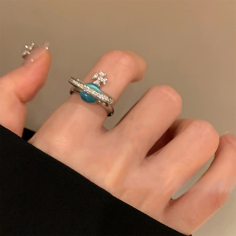 Three-dimensional Saturn sea blue cat's eye open ring for women, a niche design on Instagram, with a high-end and exquisite stacked ring Specification drawing