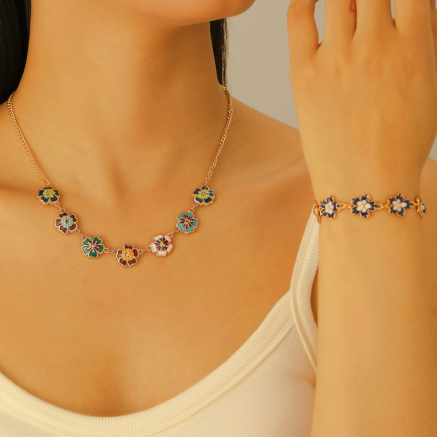 Cross-border retro alloy colorful oil-dripping flower bracelet necklace set jewelry, women's light luxury high-end niche accessories details Picture