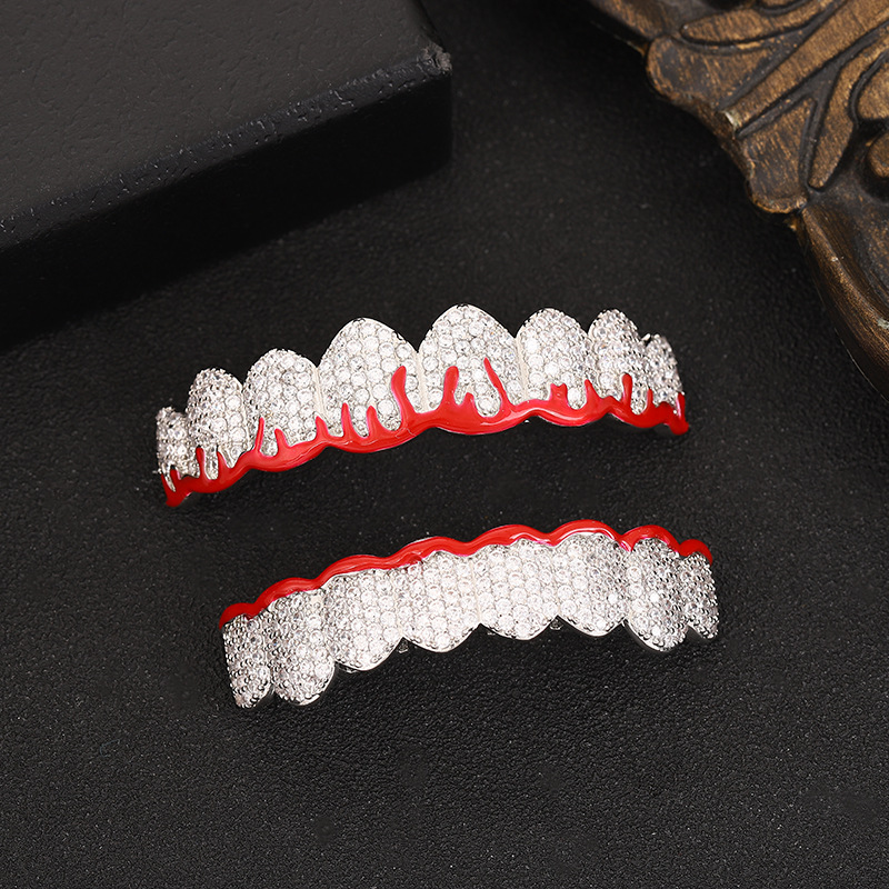 New hip-hop braces from Europe and America, eight teeth, red oil-dripping flame braces, zircon personalized Halloween costume accessories Specification drawing