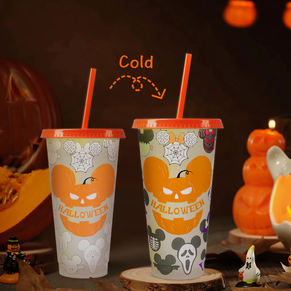 New large-capacity cold-sensing color-changing plastic water cups in stock at the factory, Halloween funny pumpkin color-changing cups, cross-border Specification drawing