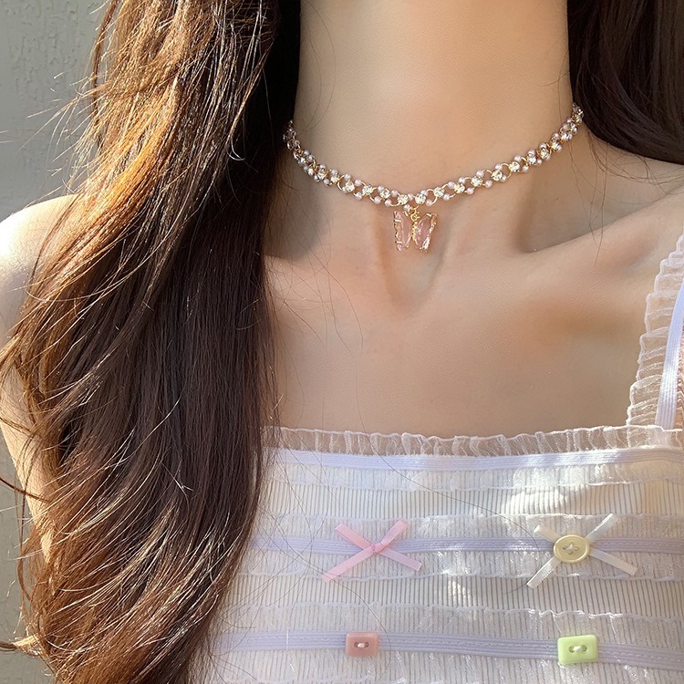 Summer rose quartz Butterfly choker necklace for women, new 2024 accessory, pearl necklace style collarbone chain Specification drawing