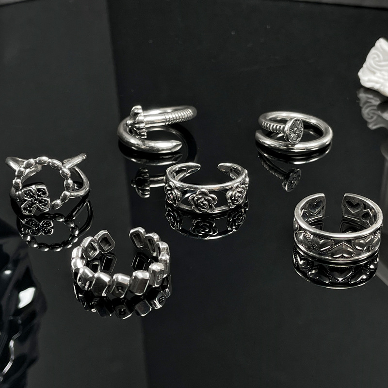 Retro and aged, fashionable, versatile, simple and open ring with nail, plain ring, women's Instagram cold style irregular index finger ring details Picture