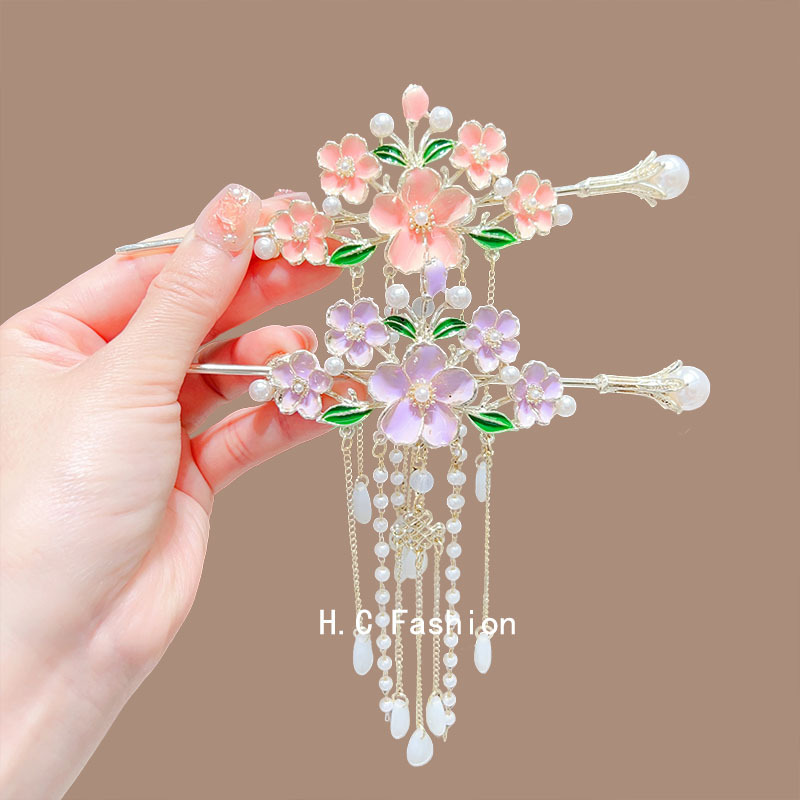 Retro flower tassel pearl hairpins, new Chinese-style cheongsam and Hanfu walking hairpins, high-end everyday updo hairpins full figure