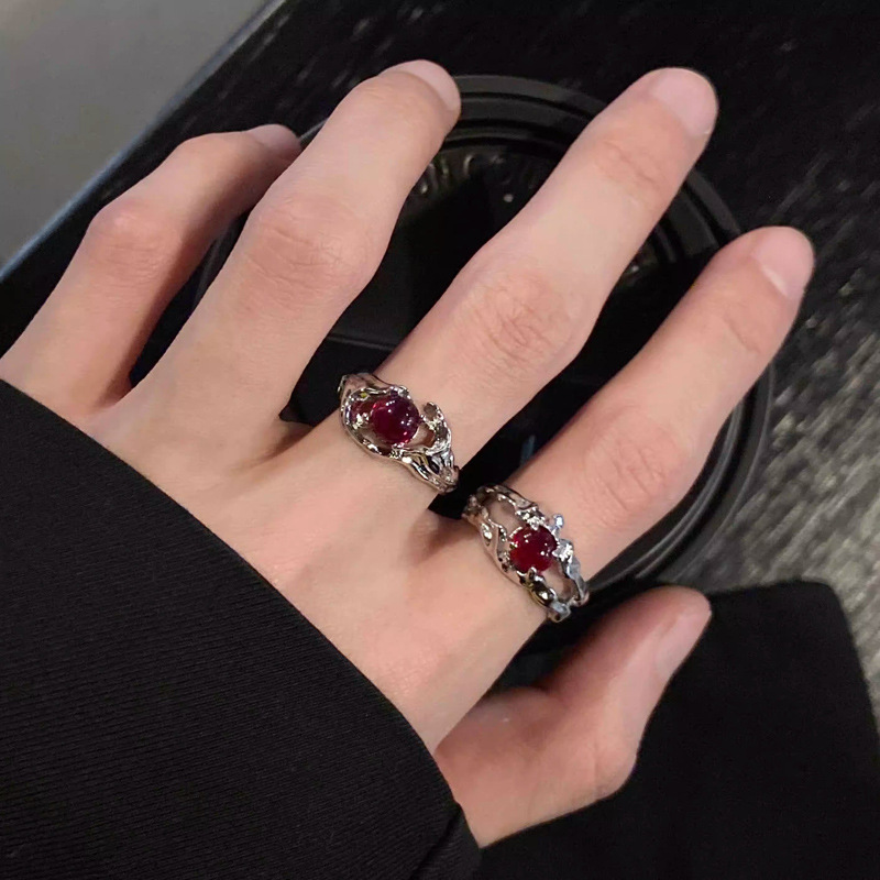 Dark style irregular red stone open ring for women on Instagram, cold style, fashionable and individual texture, high-end sense ring trend full figure