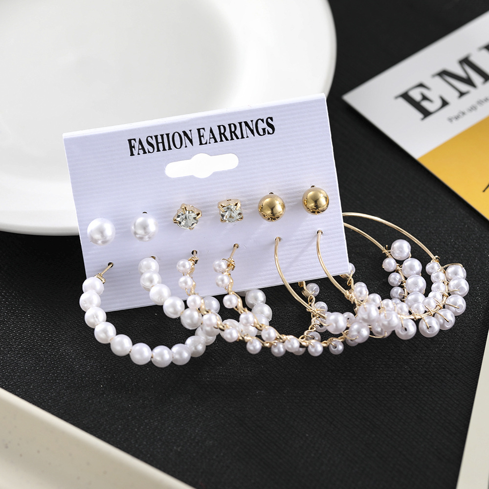 Korean jewelry world Cross-border large ear ring white pearl earring set 6-piece geometric star water diamond metal earrings Application Scenario